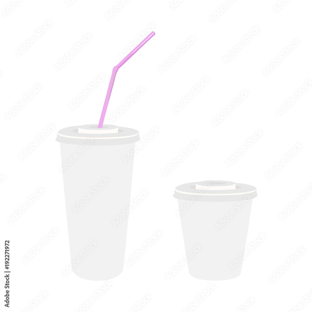 two white cups with lid and straw for drinking. High and small. isolated on white background. For coffee, tea, Cola, cocktails, soda or cold beverage. Vector illustration. mockup. Realistic. 3D. two white cups with lid and straw for drinking. High and small. isolated on white background. For coffee, tea, Cola, cocktails, soda or cold beverage. Vector illustration. mockup. Realistic. 3D.