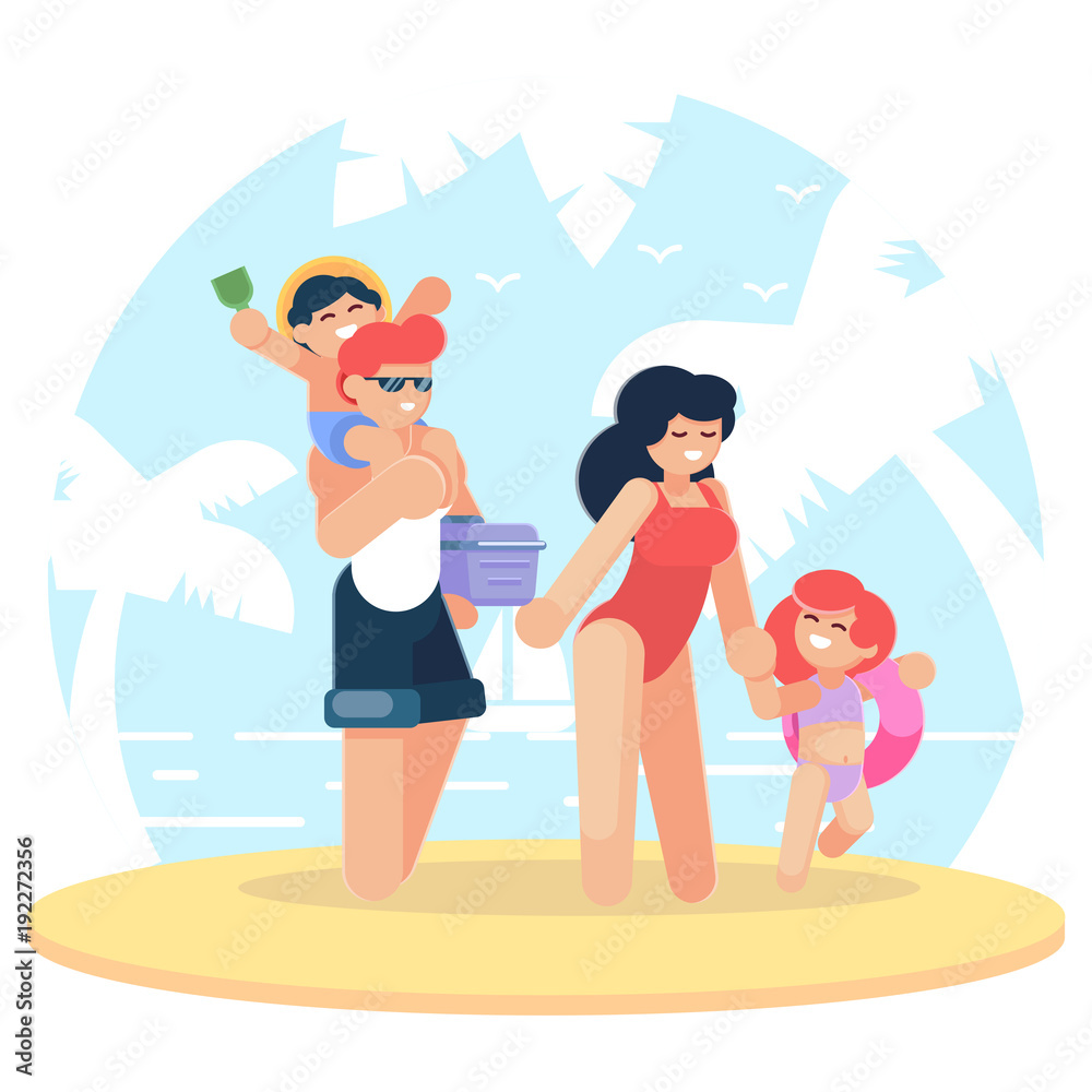 Obraz premium Happy family at the beach. Family having fun at the beach. Traveling. Together Trip. Mom, Dad, Son and Daughter on Vacation. Flat Design Style. Vector illustration of Ocean Travel Peoples