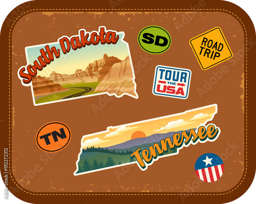 South Dakota, Tennessee travel stickers with scenic attractions and retro text on vintage suitcase background