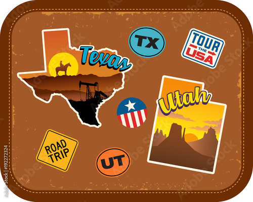 Texas, Utah travel stickers with scenic attractions and retro text on vintage suitcase background