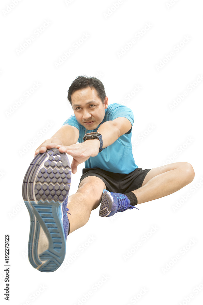 asian sport man stretching body muscle before exercisee isolated white background