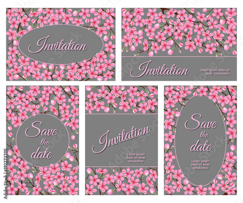 Templates for greeting cards and invitations with cherry flowers.