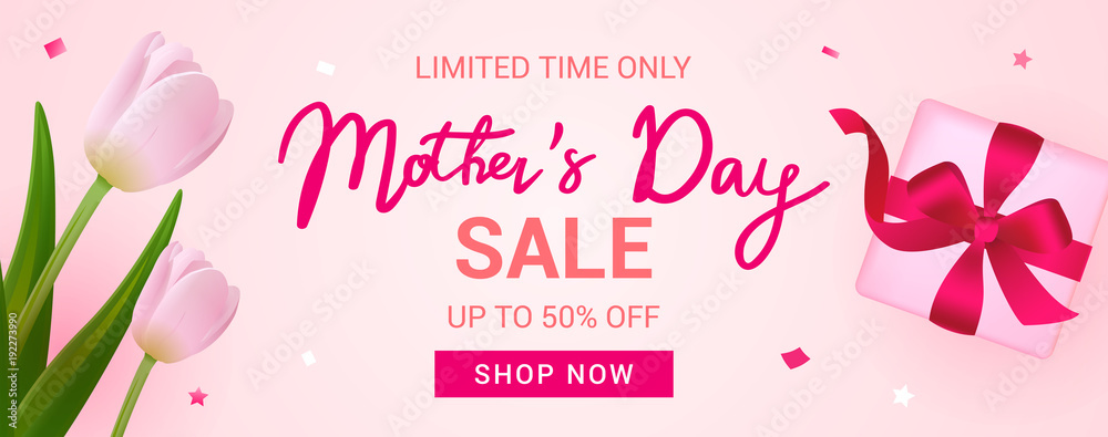 Mother's Day Sale Banner vector illustration, Beautiful Tulips with gift box. - obrazy, fototapety, plakaty 