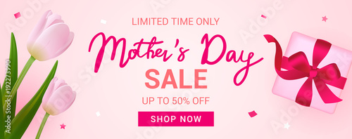 Mother's Day Sale Banner vector illustration, Beautiful Tulips with gift box.