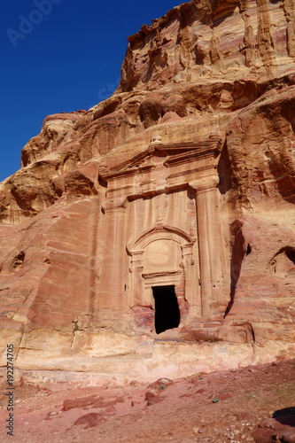 View of Rock cut tombs in the ancient Arab Nabatean Kingdom city of Petra, Jordan, Middle East