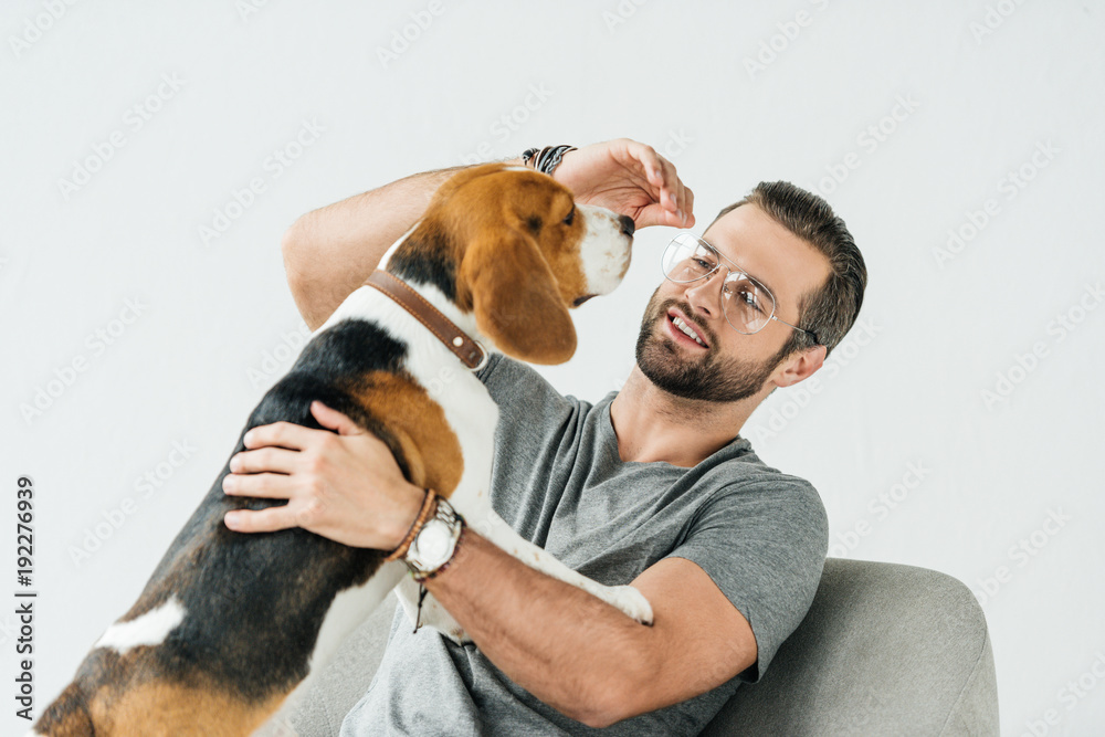 smiling handsome man playing with cute beagle on armchair isolated on white