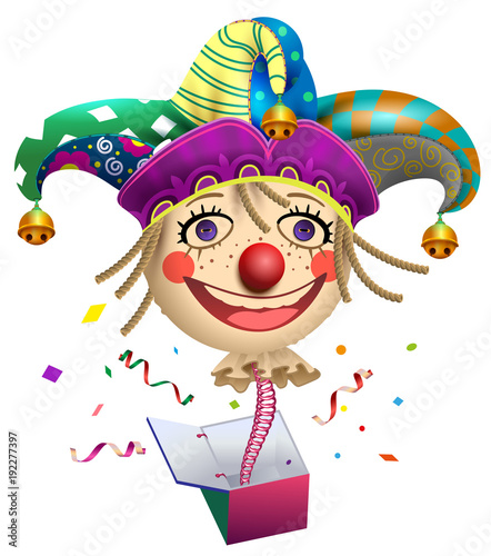 Funny clown buffoon head to jump out of box. Fools Day symbol