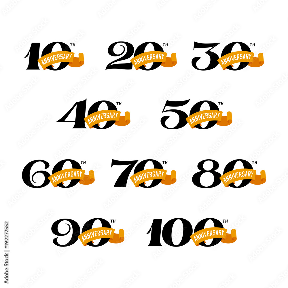 Set of anniversary signs from 10 to 100. Numbers on a white background. Stock vector signs design elements.