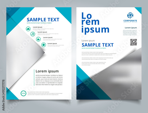 Brochure Template geometric triangle blue color with image background and simple text.