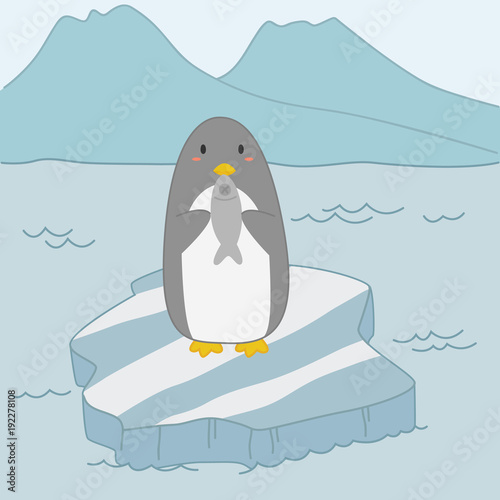 penguin holding fish and standing on top of ice floe, cartoon vector.