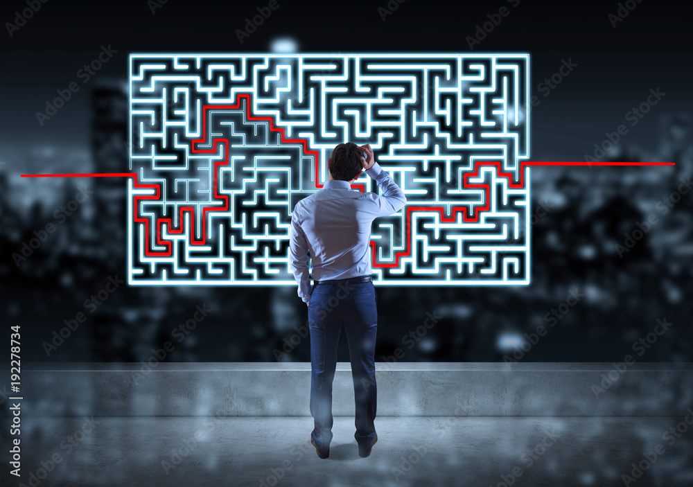 Businessman searching maze solution on a rooftop 3D rendering Businessman searching maze solution on a rooftop 3D rendering