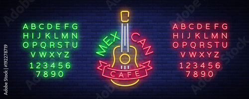 Mexican cafe is a neon sign. Bright glow sign, neon banner, luminous logo, symbol, nightly advertisement of Mexican food. Design a template. Vector illustration. Editing text neon sign