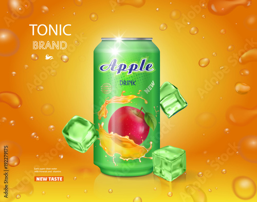 Alumimium tin of apple juice. Fruit drink advertising vector design