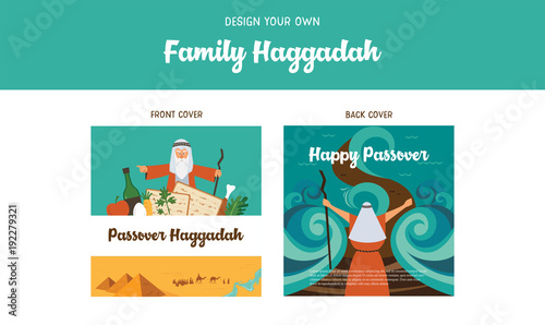 Passover Haggadah design template- haggadah book covers. The story of Jews exodus from Egypt. traditional icons and desert Egypt scene. Make your family haggadah and place your photo