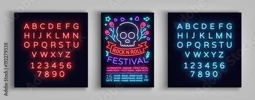 Rock festival poster in neon style. Neon sign, invitation to the concert brochure on roknroll music, bright banner, flyer for festivals, parties, concerts. Vector illustration. Editing text neon sign