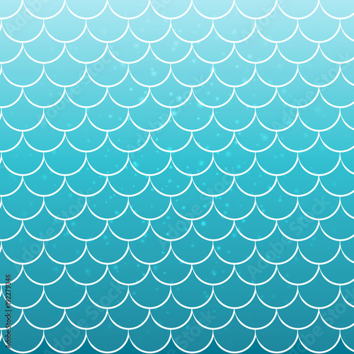 Squama on trendy gradient background. Square backdrop with squama ornament. Bright color transitions. Mermaid tail banner and invitation. Underwater and sea pattern. Turquoise, blue colors.