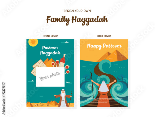 Passover Haggadah design template- haggadah book covers. The story of Jews exodus from Egypt. traditional icons and desert Egypt scene. Make your family haggadah and place your photo
