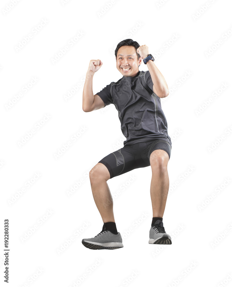 sport man happiness emotion jumping and floating mid air isolated white background