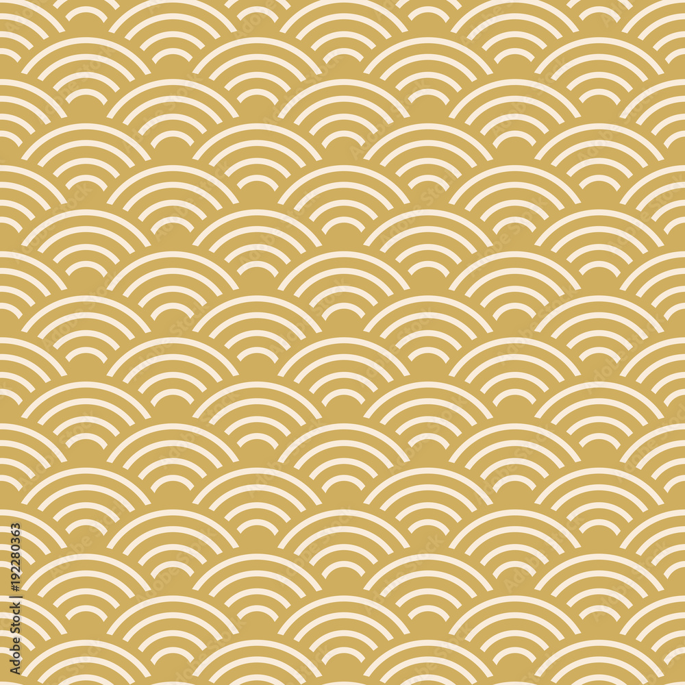 seamless pattern scales simple Nature abstract texture with japanese wave circle pastel colors orange beige mustard background. Textile print, web page fill. Vector
