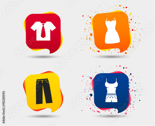 Clothes icons. T-shirt with business tie and pants signs. Women dress symbol. Speech bubbles or chat symbols. Colored elements. Vector