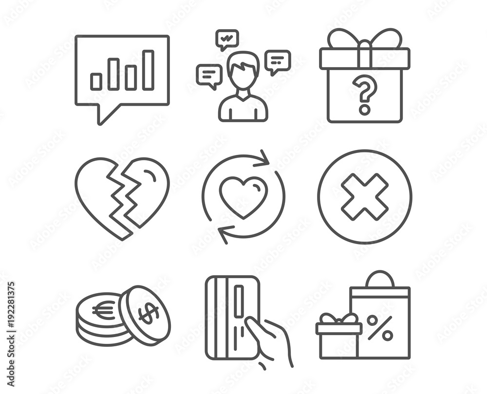 Set of Secret gift, Break up and Savings icons. Payment card, Conversation messages and Update relationships signs. Close button, Analytical chat and Shopping symbols. Unknown package. Divorce Set of Secret gift, Break up and Savings icons. Payment card, Conversation messages and Update relationships signs. Close button, Analytical chat and Shopping symbols. Unknown package. Divorce