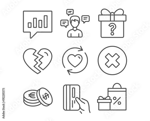 Set of Secret gift, Break up and Savings icons. Payment card, Conversation messages and Update relationships signs. Close button, Analytical chat and Shopping symbols. Unknown package. Divorce
