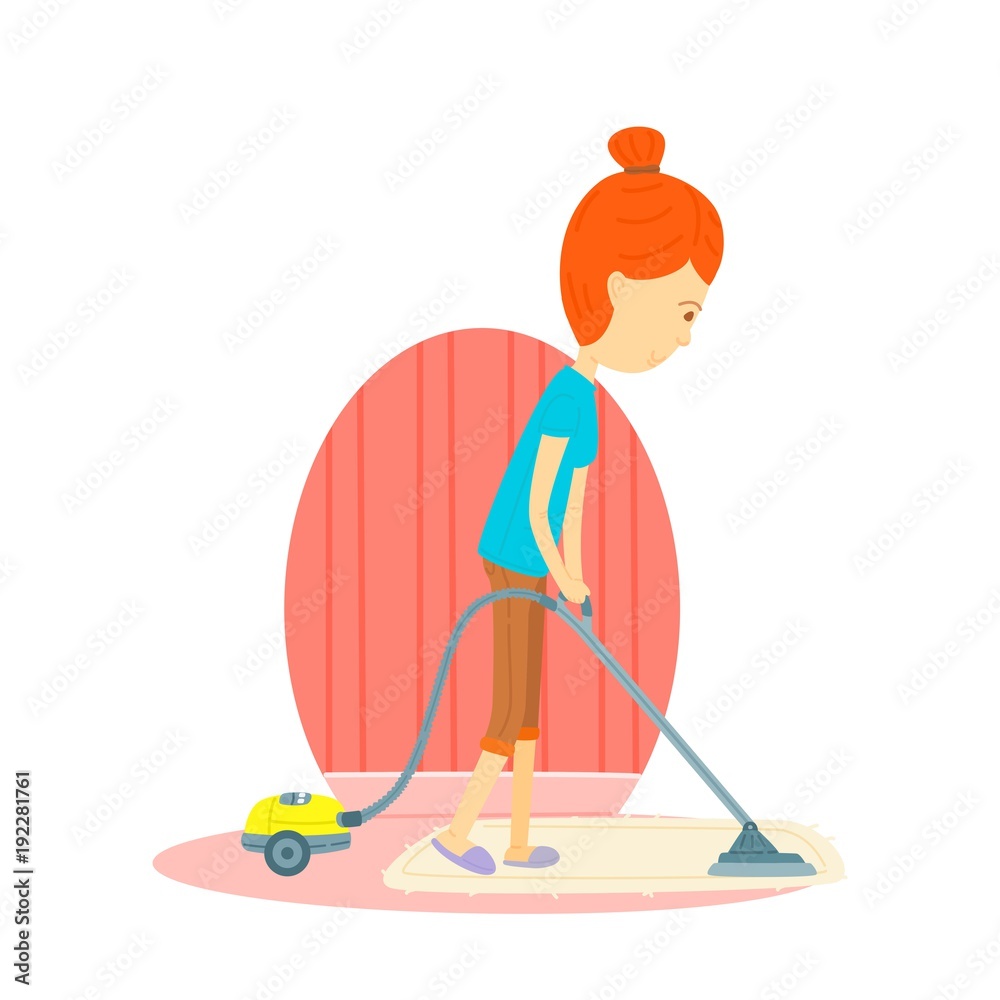 woman is cleaning the floor with a vacuum cleaner, Woman is using a ...