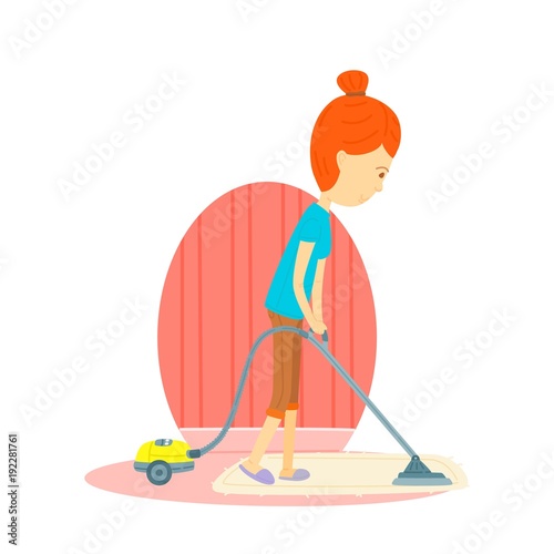 woman is cleaning the floor with a vacuum cleaner, Woman is using a vacuum cleaner, Woman is vacuuming, Mother is using a vacuum, Mother is cleaning the room, cute vector cartooning style, Colorful