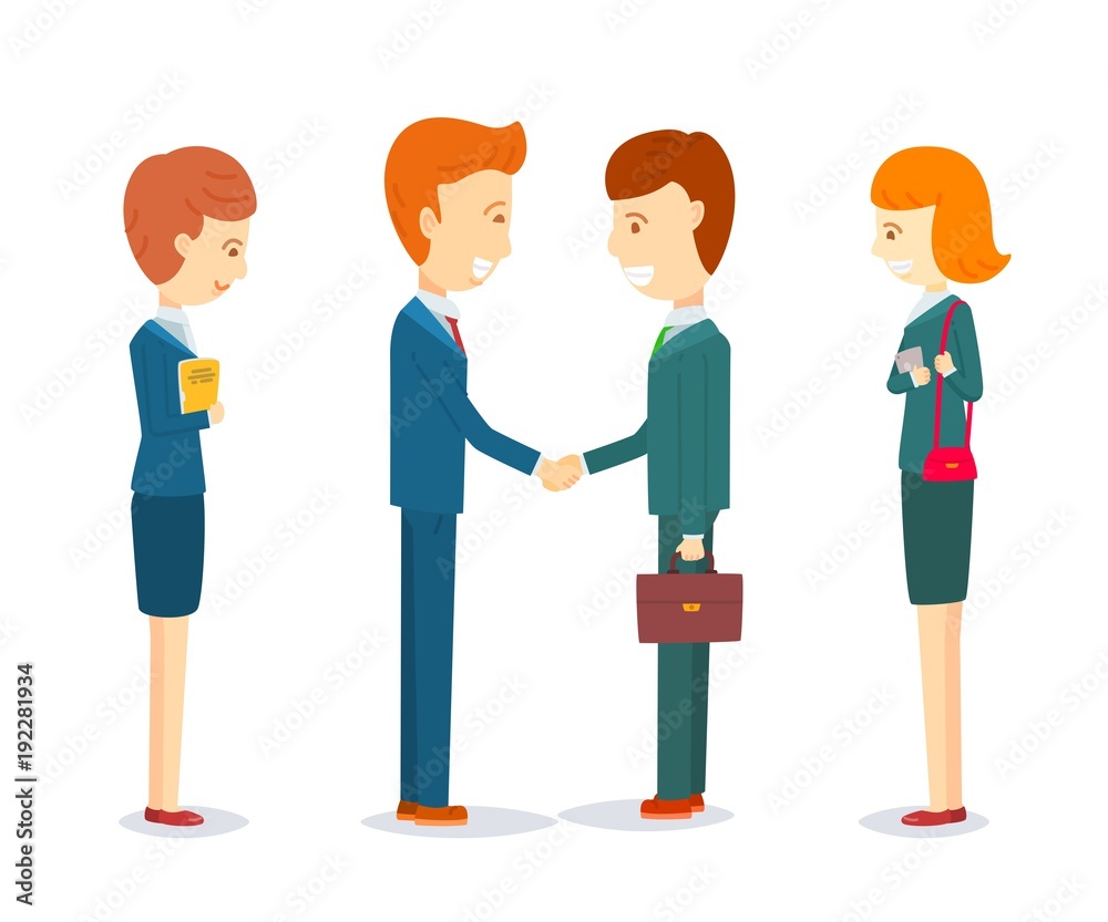 Obraz premium Two happy businessmen shaking hand to sign agreement, Success dealing, finish up a meeting, Two businessmen greeting, Businessmen talking about business, Two businessmen and Two secretary women