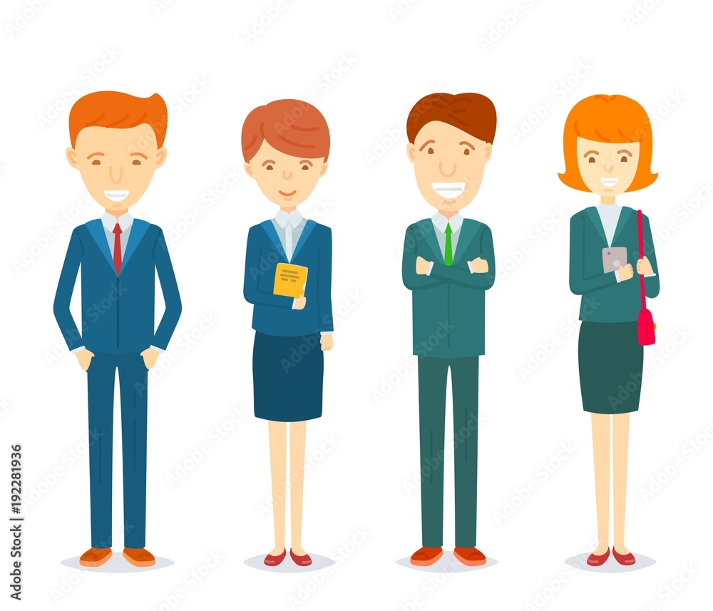Set of Businessmen and businesswomen character in formal suits, Collection of Happy Business men and secretary women standing character in different posture, Businessmen character illustration