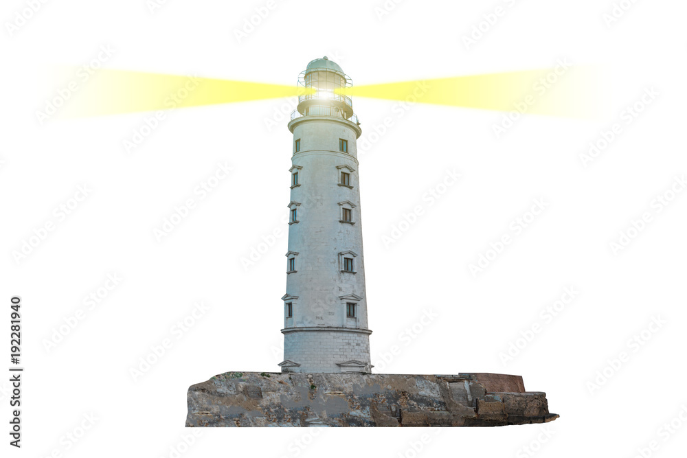 Lighthouse on island with dual searchlight beam through air isolated on white background Lighthouse on island with dual searchlight beam through air isolated on white background