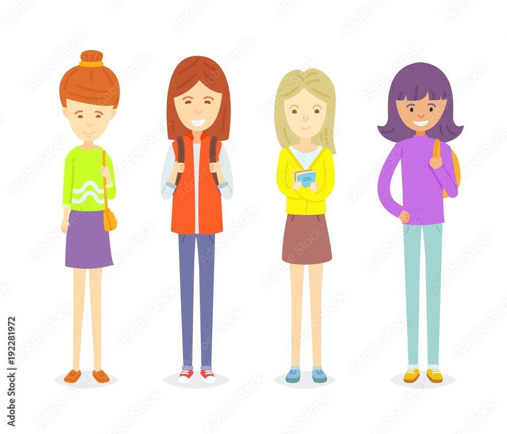 Set of teen girl character standing in casual ware, Collection of Happy girl character smiling, Young female student standing in different posture, Different clothes, Cartoon character illustration Set of teen girl character standing in casual ware, Collection of Happy girl character smiling, Young female student standing in different posture, Different clothes, Cartoon character illustration