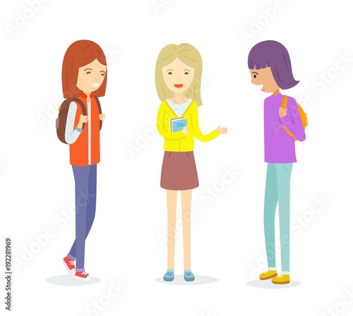 Group of teen girl talking outdoor, Girl introduced new friend to her friend, Two girl students talking to new friend, Build up friendship,Girl introduce her self to new friend, Three student talking