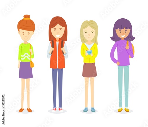 Set of teen girl character standing in casual ware, Collection of Happy girl character smiling, Young female student standing in different posture, Different clothes, Cartoon character illustration