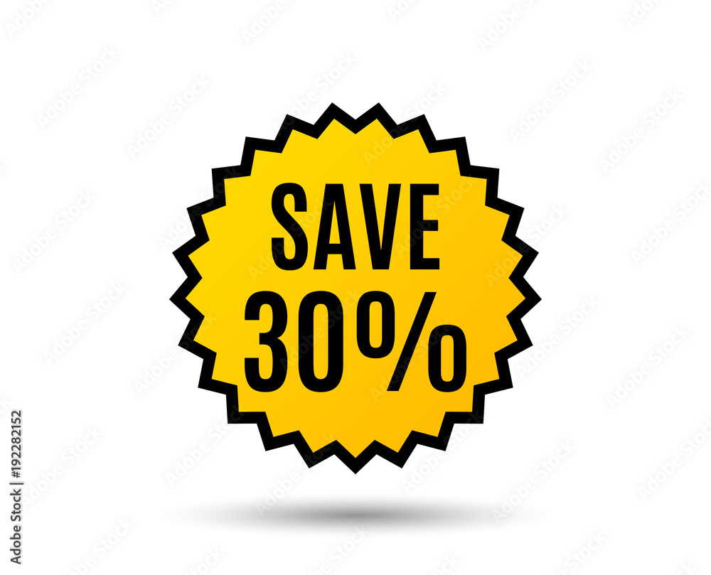 Save 30% off. Sale Discount offer price sign. Special offer symbol. Star button. Graphic design element. Vector