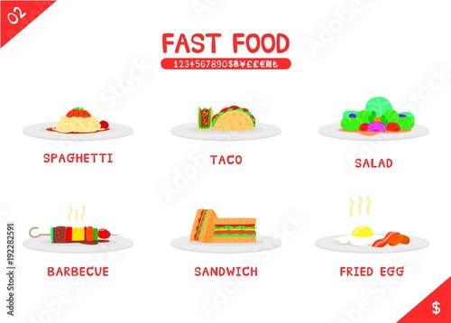 Set of fast food menu spaghetti taco salad barbecue sandwich and fried egg, Flat vector isolated icon on white background, Name number and money symbols, Colorful cartooning style, stylized icon