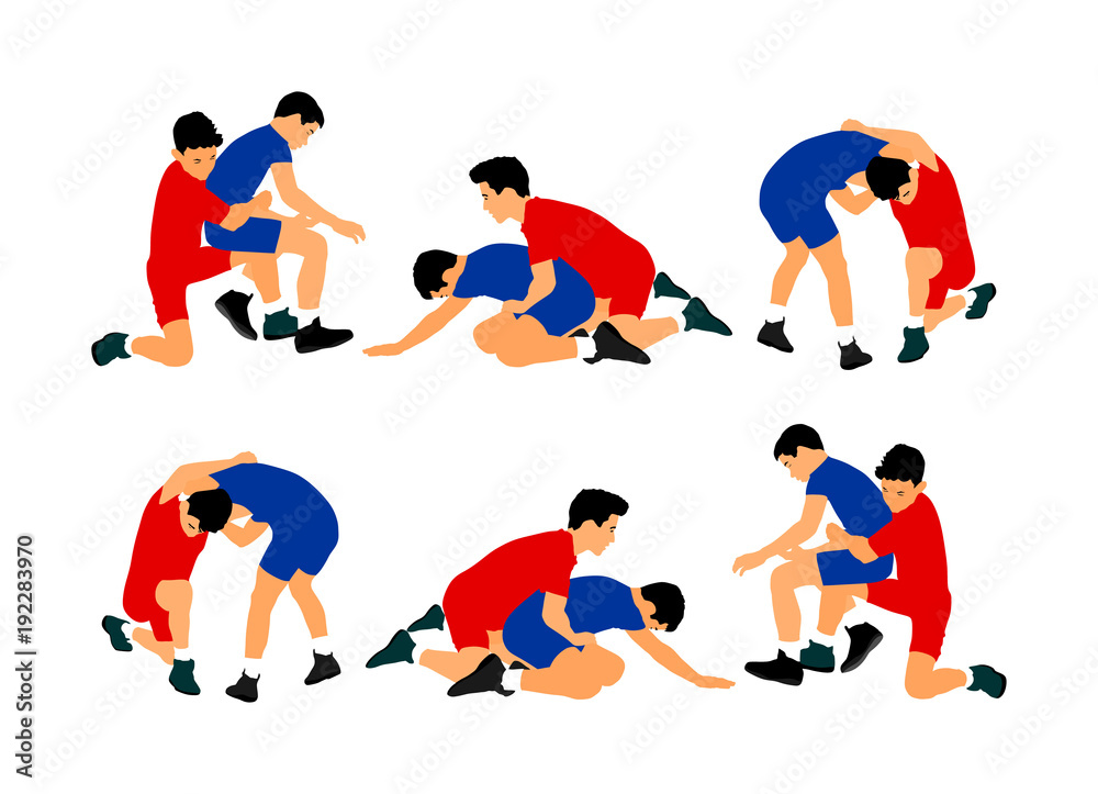 Wrestlers boys wrestling vector illustration isolated on white background.