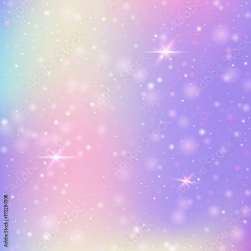Fototapeta Jednorożec tło z tęczy siatką. Transparent wszechświata Kawaii w kolorach księżniczki. Fantasy tło gradientowe z hologramem. Holograficzne tło jednorożca z magii błyszczy, gwiazdy i zaciera.