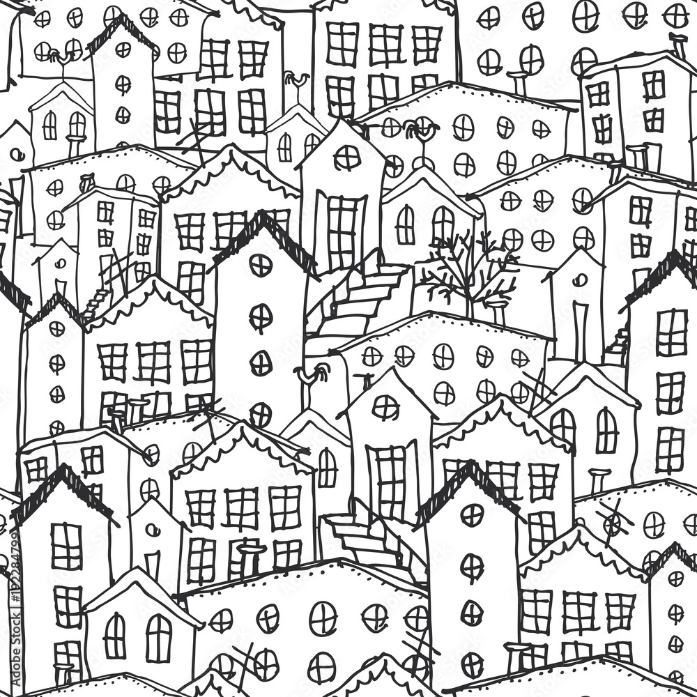 Urban winter landscape seamless pattern. Sketch. black and white hand-drawn background for wallpaper, pattern fills, web page background,surface textures. Adult Coloring. Vector