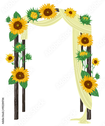 Beautiful wedding arch with sunflowers. Vintage floral design. Vector illustration in watercolor style