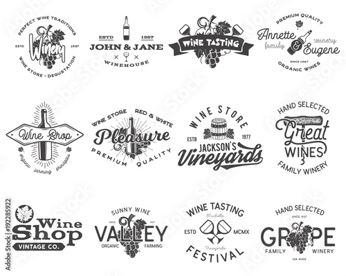 Wine black logos, labels set. Winery, wine shop, vineyards badges collection. Retro Drink symbol. Typographic design vector illustration. Stock vector emblems and icons isolated on white background.