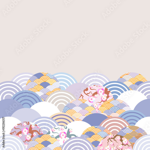 fish scales simple Nature background with japanese sakura flower, rosy pink Cherry, wave circle pattern red Lilac light blue pink colors card banner design on beige background. Vector