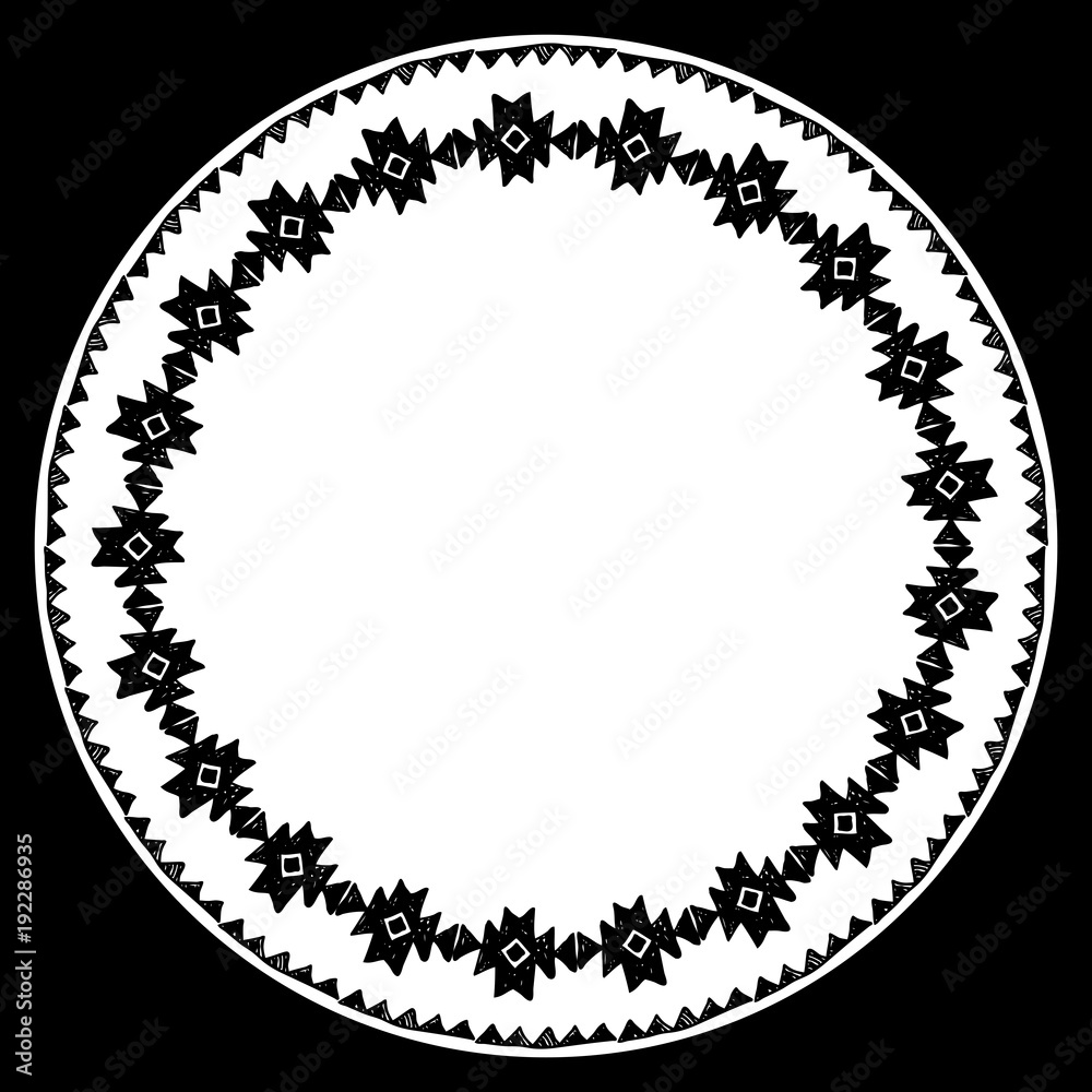 Beautiful card with native zigzag ornaments. Round frame mandala for your text. Hand drawn banner template with ethnic aztec border. Black contour isolated on white background. Vector Beautiful card with native zigzag ornaments. Round frame mandala for your text. Hand drawn banner template with ethnic aztec border. Black contour isolated on white background. Vector
