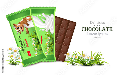 Milk Chocolate bar mock up. Product packaging Vector realistic organic label ...