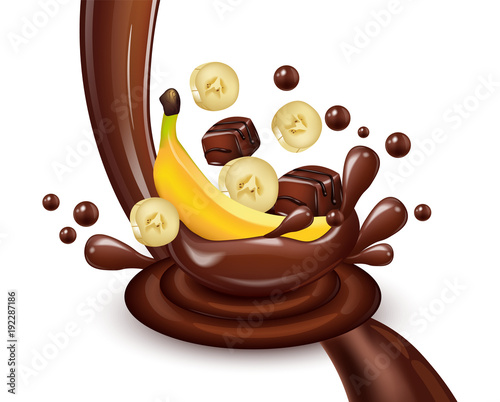 Banana chocolate splash Vector realistic illustration. Product template designs