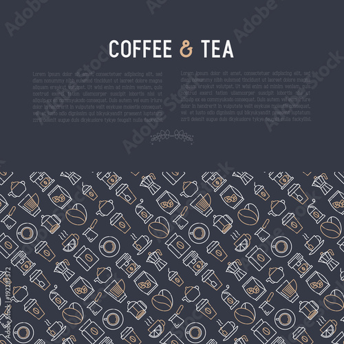 Coffee and tea concept with thin line icons: take away paper cups, cezve, coffee machine, teapot, cappuccino, cup, tea with lemon, grinder. Modern vector illustration for web page, print media.