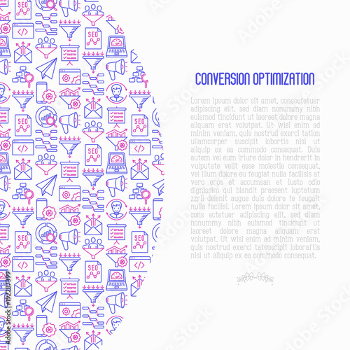 Conversion optimization concept with thin line icons: marketing, customer management, SEO technology, website promotion, visitors, sales funnel, web traffic. Modern vector illustration for print media
