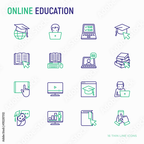 Online education thin line icons set: online course, webinar, e-book, video conference, home studying, wise owl in draduation cup. Modern vector illustration.
