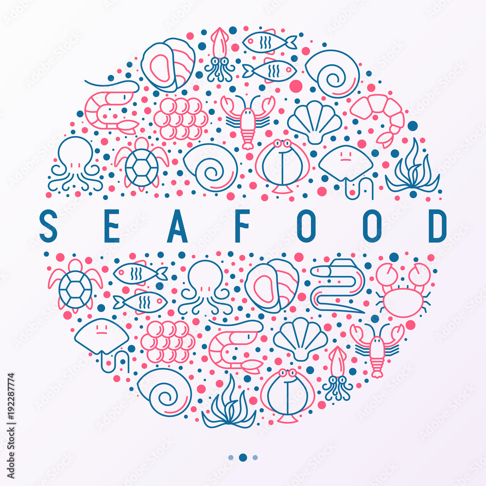 Seafood concept in circle with thin line icons: lobster, fish, shrimp, octopus, oyster, eel, seaweed, crab, ramp, turtle. Modern vector illustration for restaurant menu.