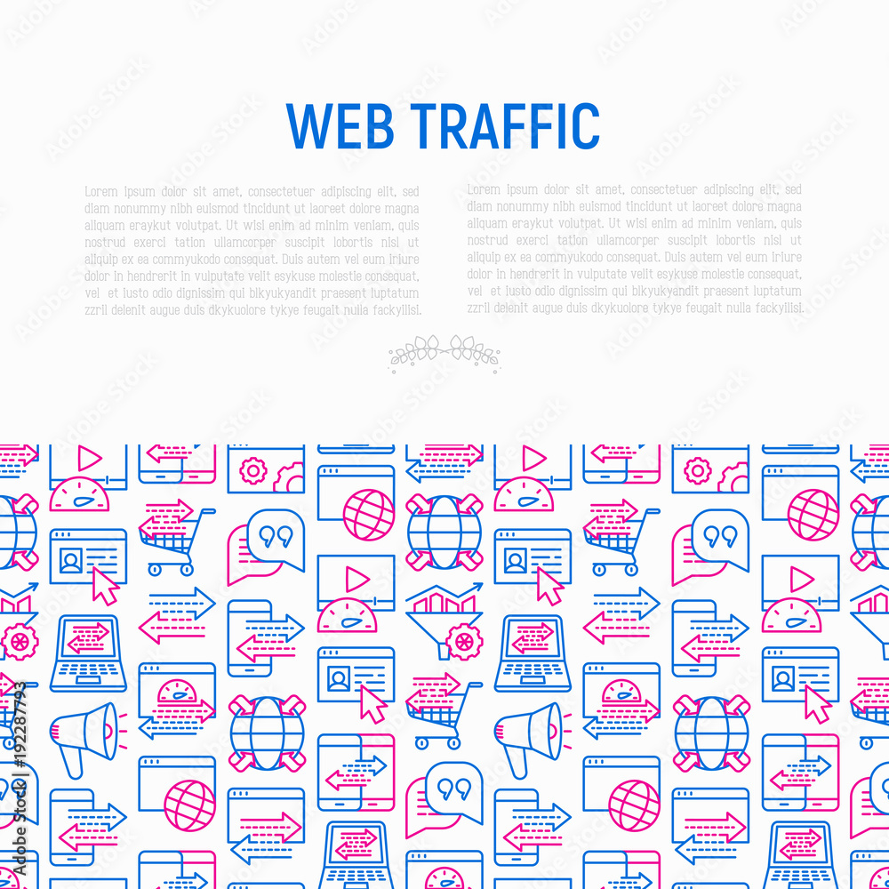 Fototapeta premium Web traffic concept with thin line icons: SEO technology, data exchange, sync, click, mobile backup, traffic speed, sales growth. Modern vector illustration for banner, print media, web page.